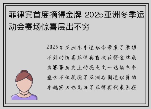 菲律宾首度摘得金牌 2025亚洲冬季运动会赛场惊喜层出不穷 菲律宾首度摘得金牌 2025亚洲冬季运动会赛场惊喜层出不穷