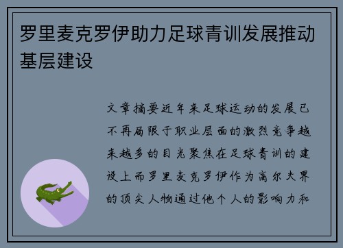 罗里麦克罗伊助力足球青训发展推动基层建设